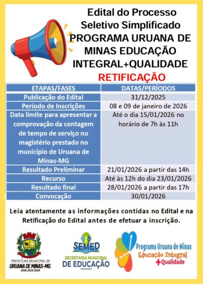 Processo seletivo Simplificado Programa Uruana de Minas, educação integral + qualidade